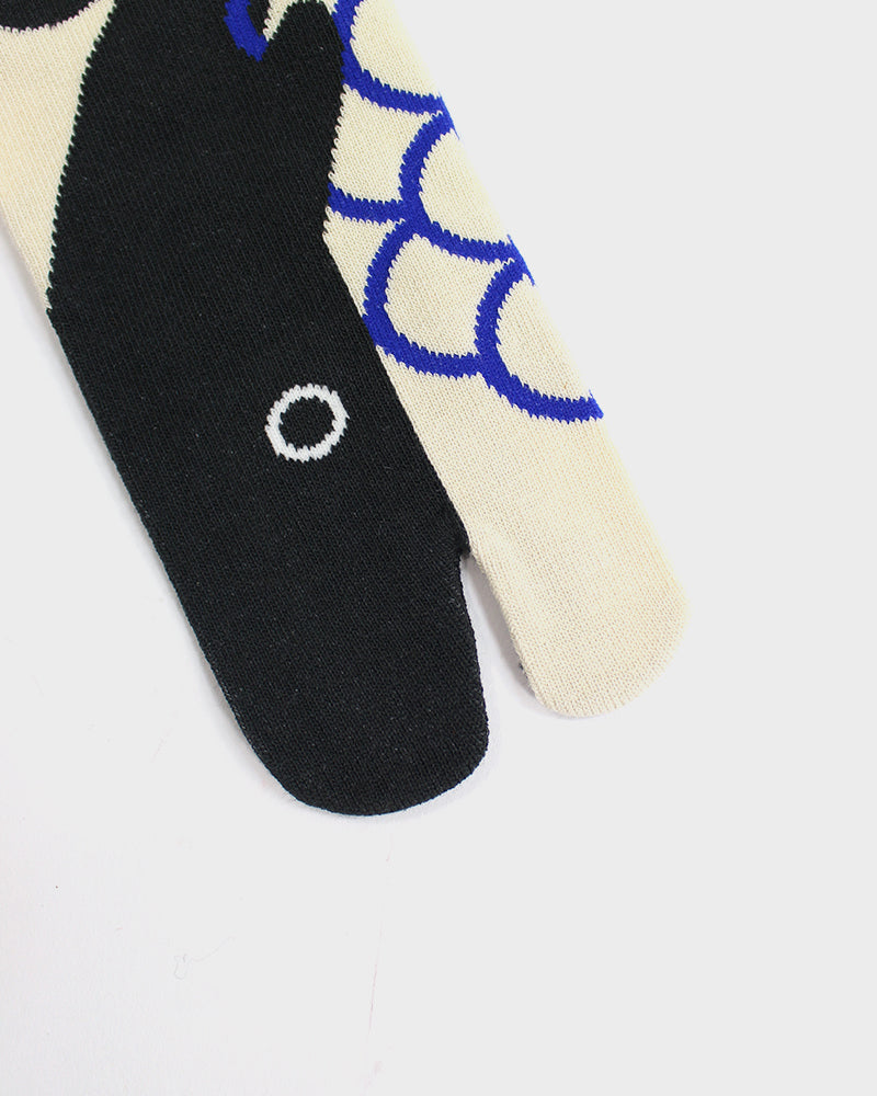 Wa-Modern, Tabi Socks, Ankle, Whale, Charcoal with Cream and Blue (M/L)
