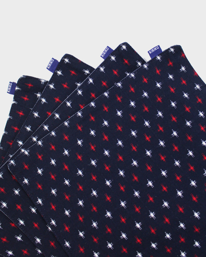 Kiriko Original Table Mat, Kasuri-Ori Indigo with White and Red Jyuji