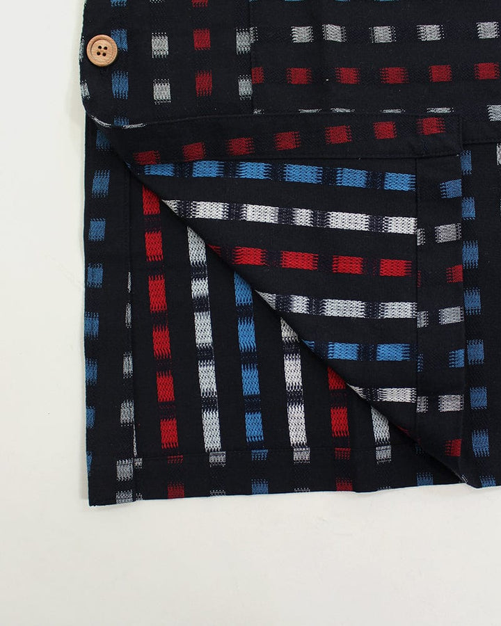 ToK Japanese Apron, Button Up Side, Indigo with Red, Blue and White Squares