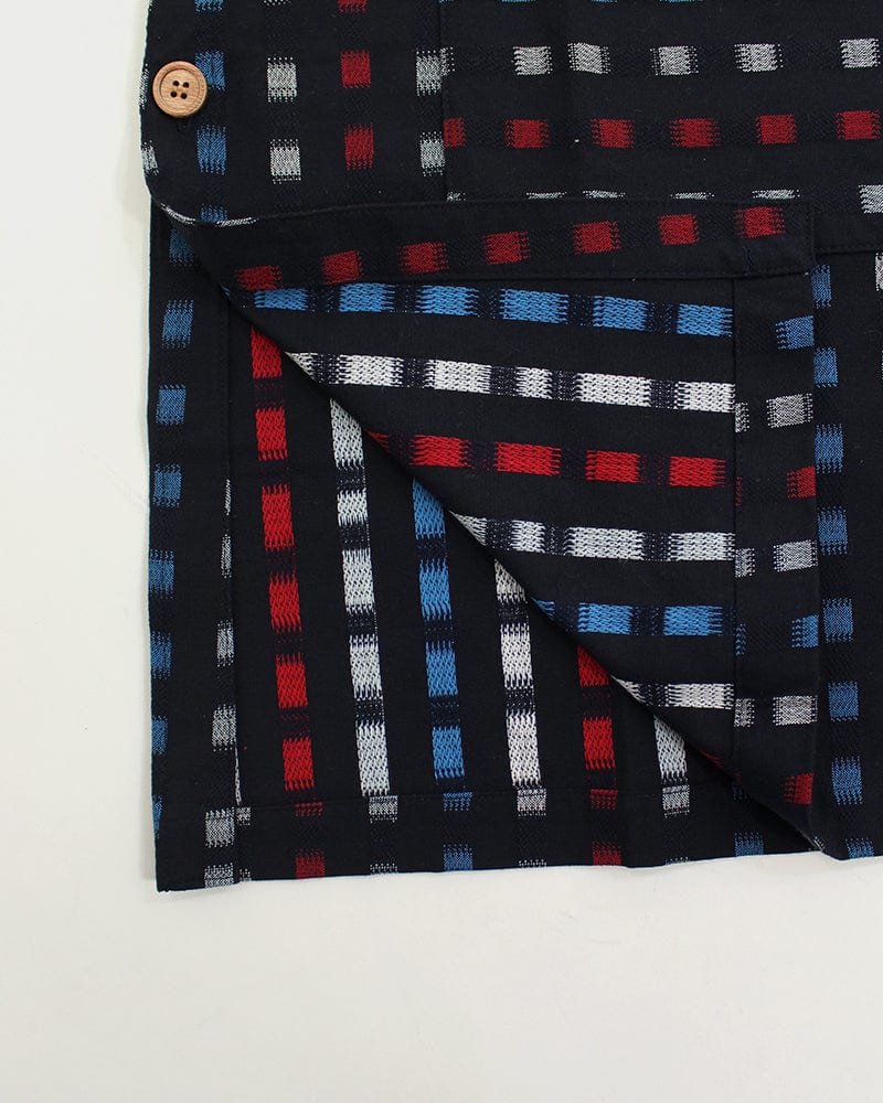 ToK Japanese Apron, Button Up Side, Indigo with Red, Blue and White Squares