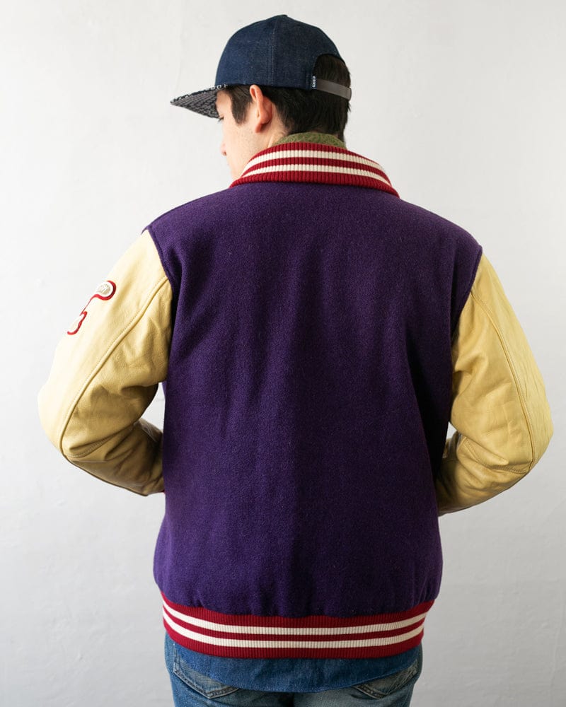 Japanese Repro Varsity Jacket, Mack Daddy, Purple and Cream - L