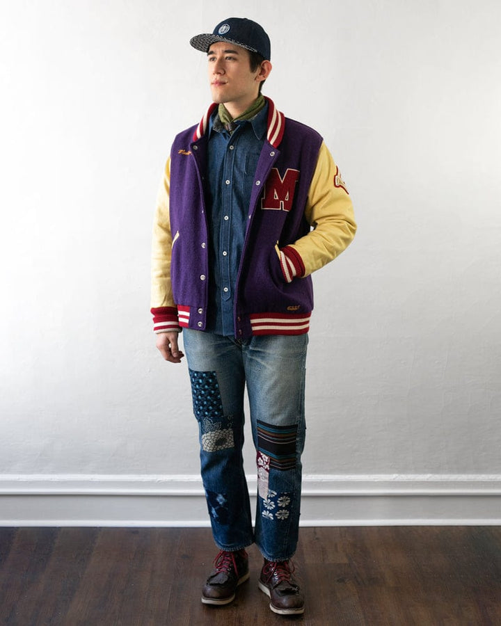 Japanese Repro Varsity Jacket, Mack Daddy, Purple and Cream - L
