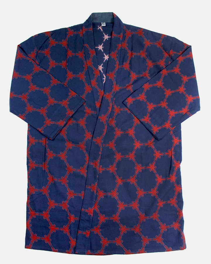 Wa-Modern Haori Robe, Sou Rai, Dark Indigo with Red Yukiwa