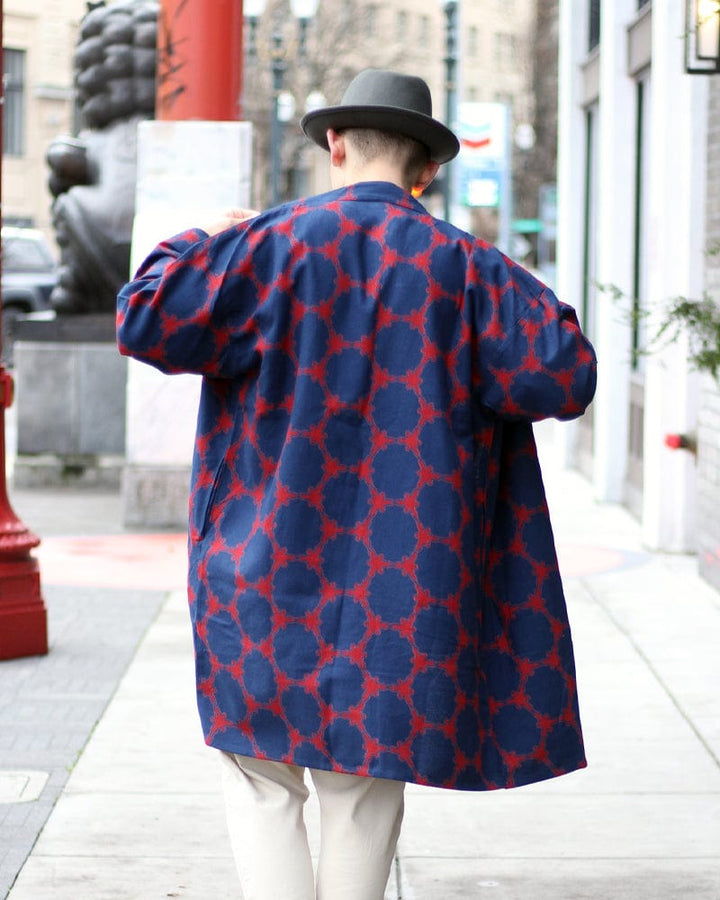 Wa-Modern Haori Robe, Sou Rai, Dark Indigo with Red Yukiwa