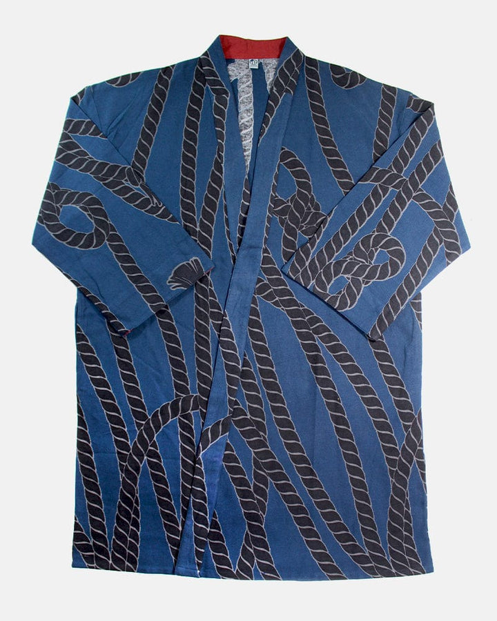 Wa-Modern Haori Robe, Sou Rai, Blue with Black Nawa