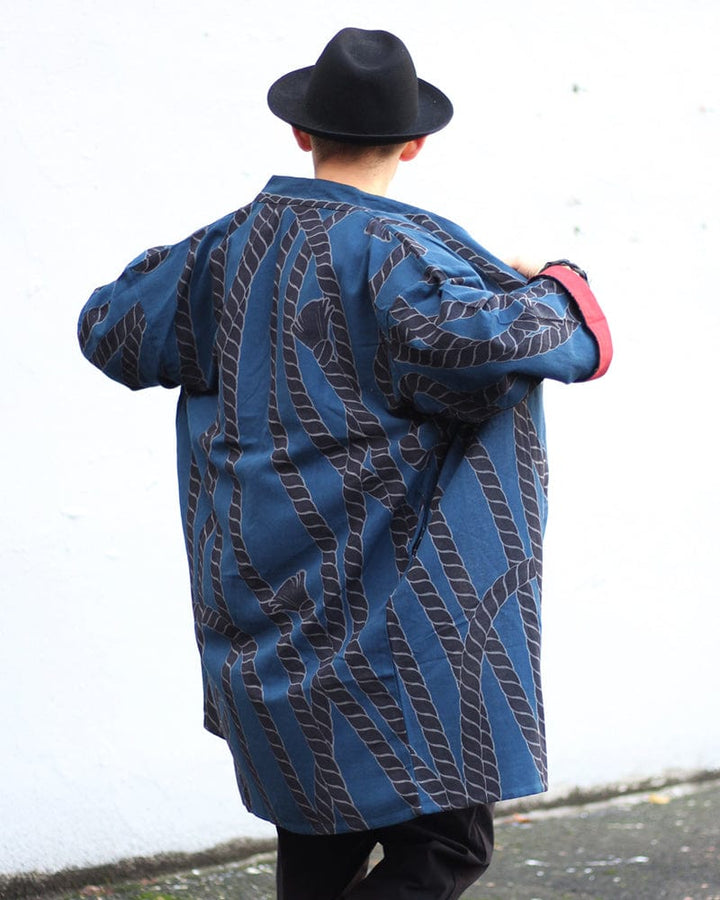 Wa-Modern Haori Robe, Sou Rai, Blue with Black Nawa