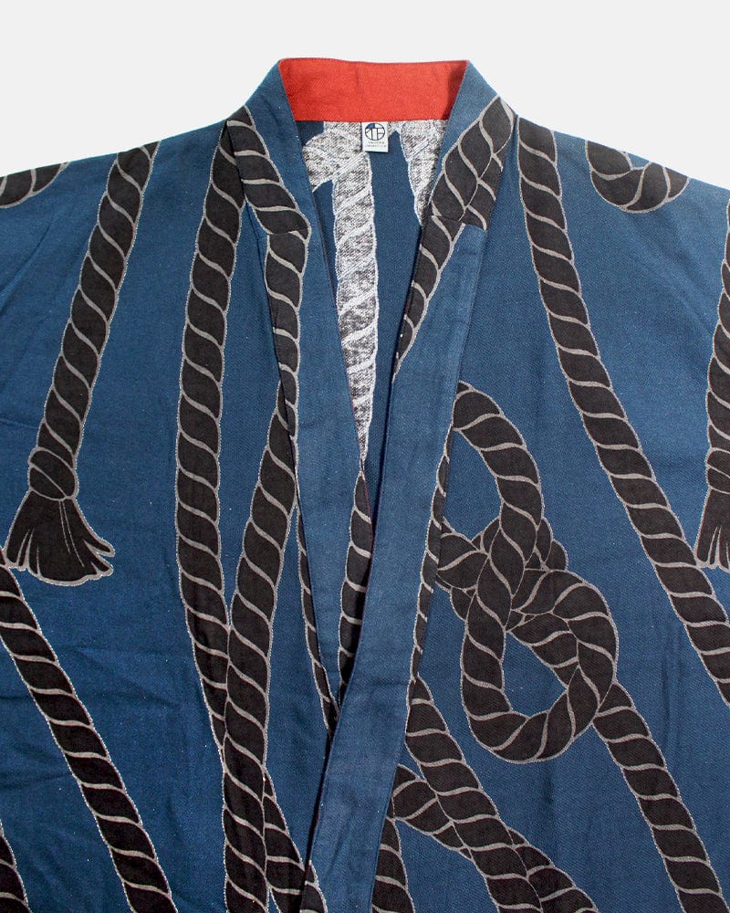 Wa-Modern Haori Robe, Sou Rai, Blue with Black Nawa