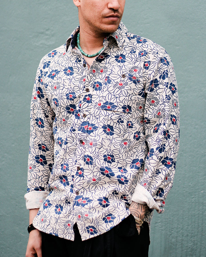 Kiriko Original Button-Up Shirt, Long Sleeve, Cream Tsubaki