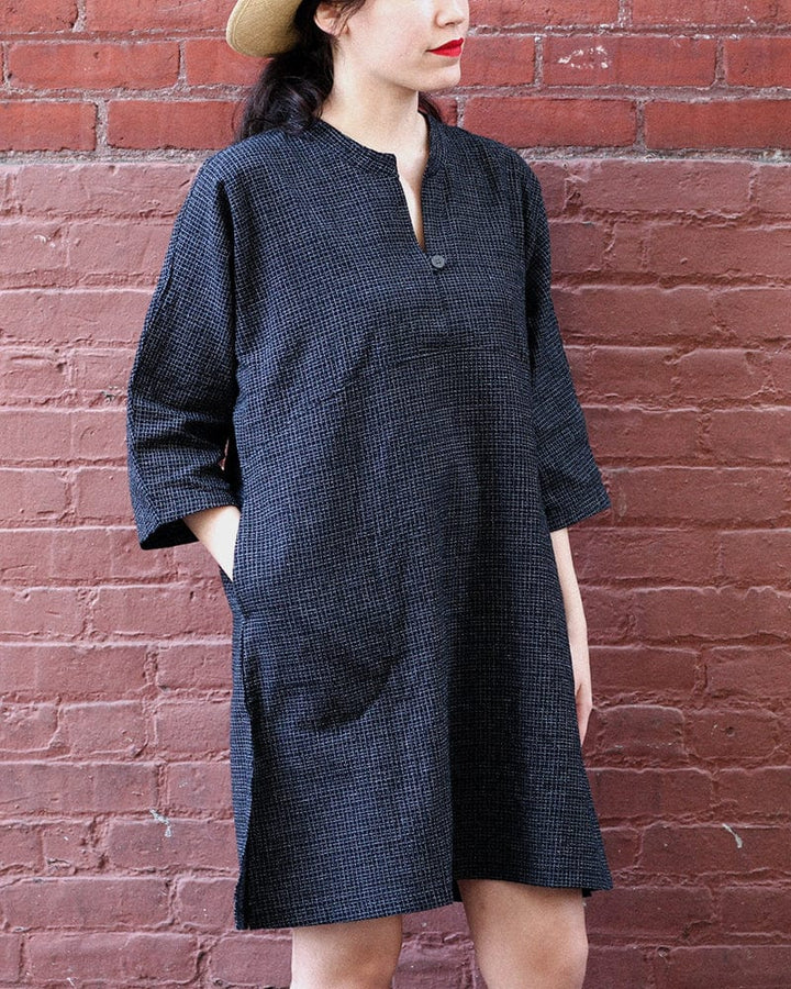 ToK Pocket Dress, Oversized A-Line, Front Button, Chijimi, Grid
