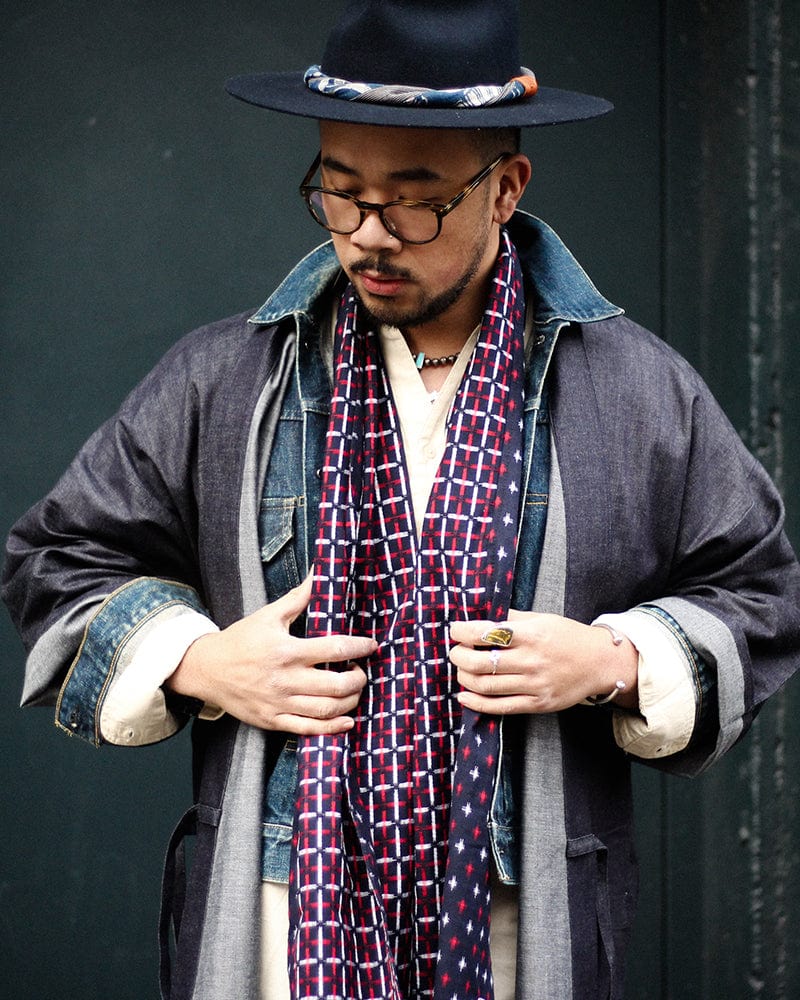 Kiriko Original Scarf, Double Split, Red, White and Indigo, Jyuji