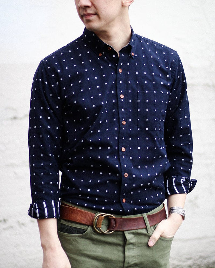 ToK Shirt, Long Sleeve Button-Up, Indigo with White 'X' Stitching