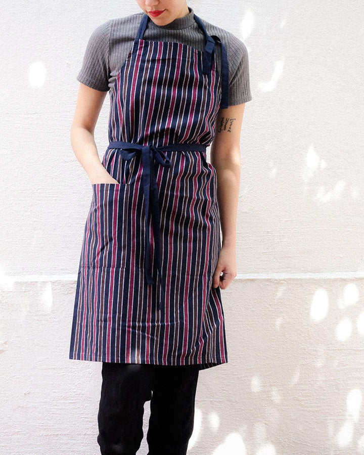 ToK Japanese Apron, Cafe Style, Indigo with Red and Brown Shima