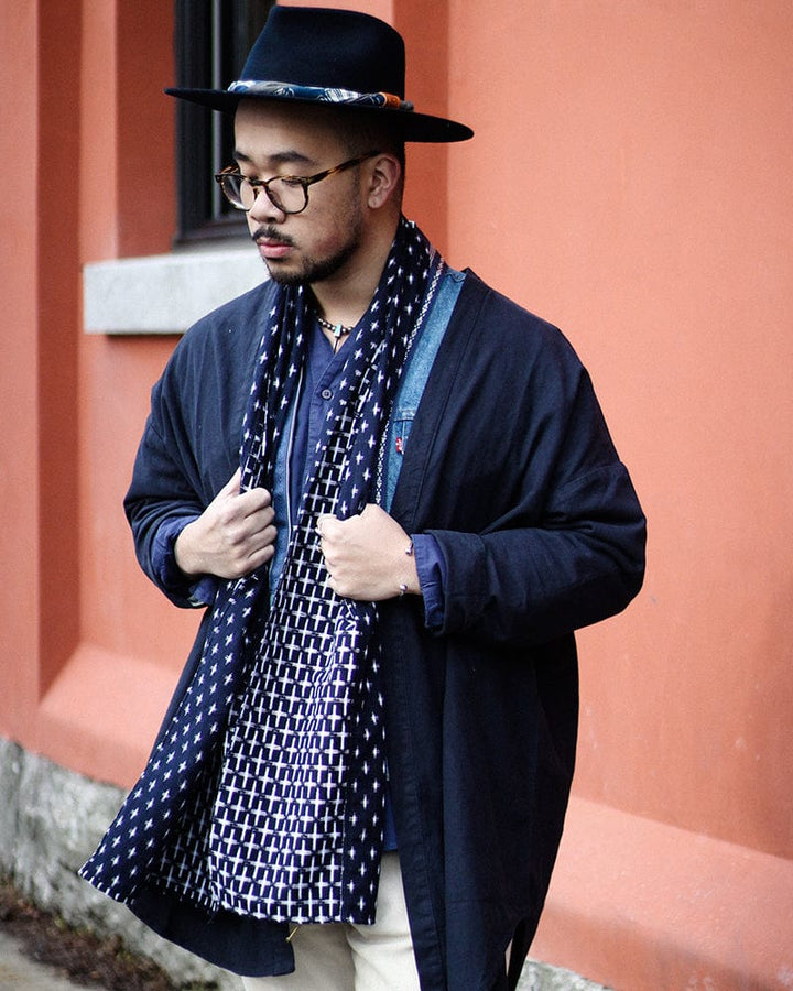 Kiriko Original Scarf, Double Split, White and Indigo, Jyuji