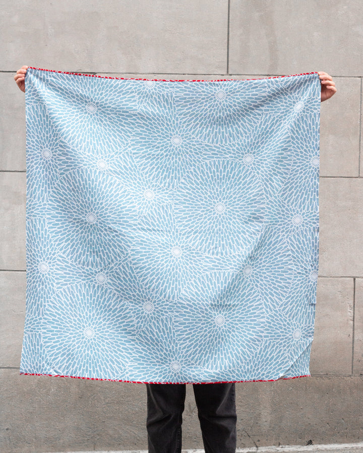Modern Furoshiki, Musubi, Reversible, Isa Monyo, Kiku, Red and Sky Blue, 41" x 41"