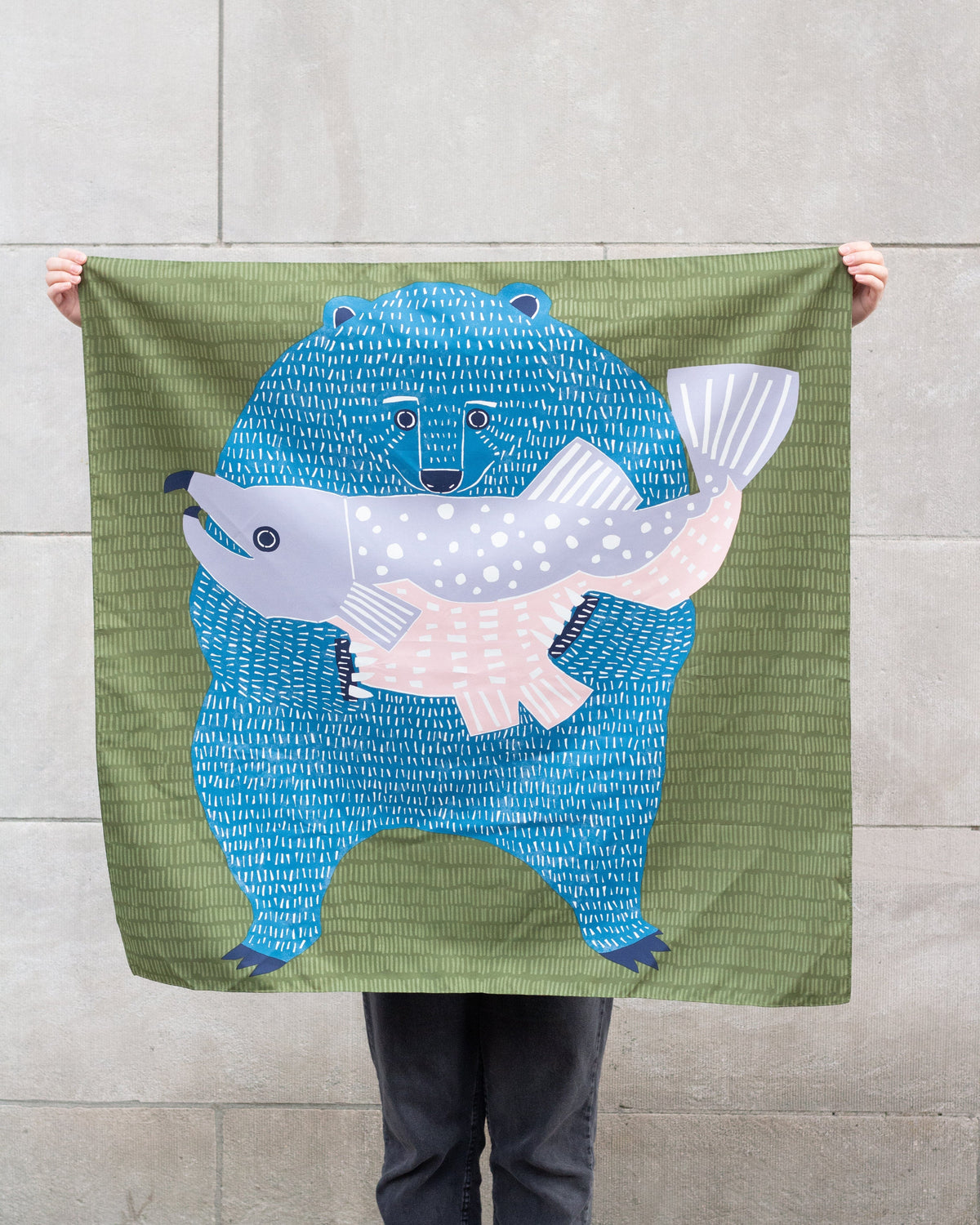 Modern Furoshiki, Musubi, Aquadrop, Water Repellent, Katakata, Bear and Salmon, Green - 39" x 39"