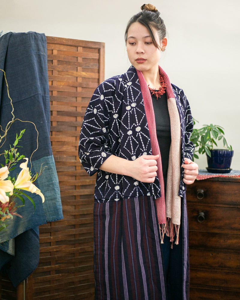 Vintage Noragi Robe, Lavender and Red Shima and Indigo Kasuri