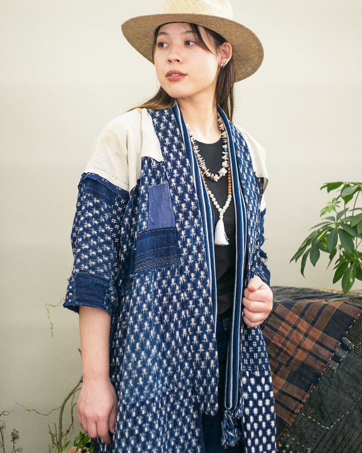 Vintage Norgai Robe, Reversible Light Indigo Kasuri with Patches and Sashiko