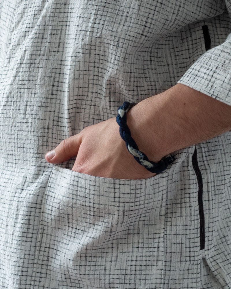 ToK Jinbei Set, Chijimi Weave, White with Faded Black Grid