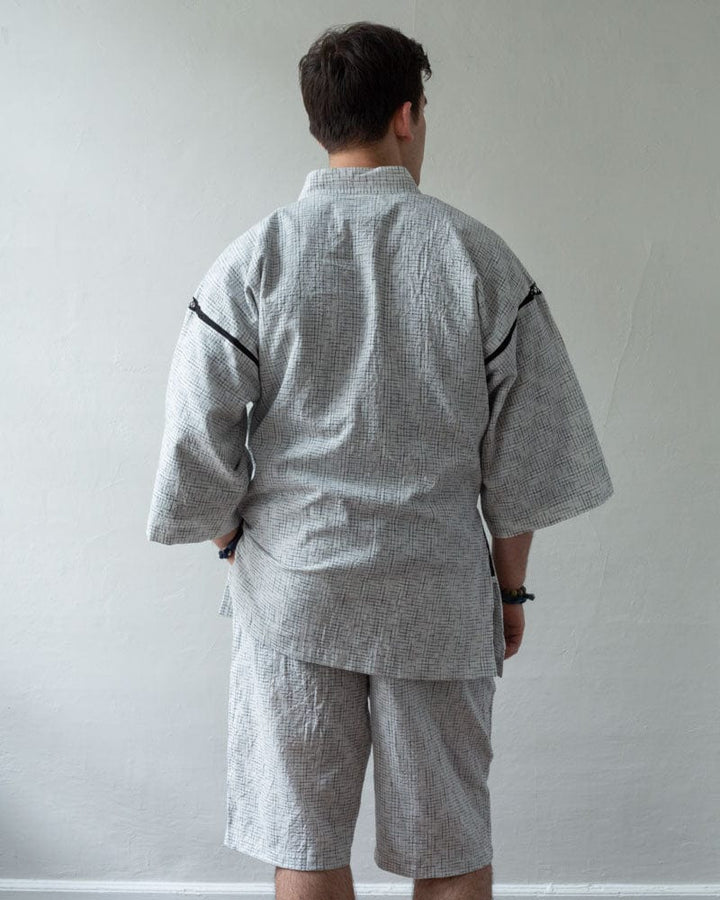 ToK Jinbei Set, Chijimi Weave, White with Faded Black Grid