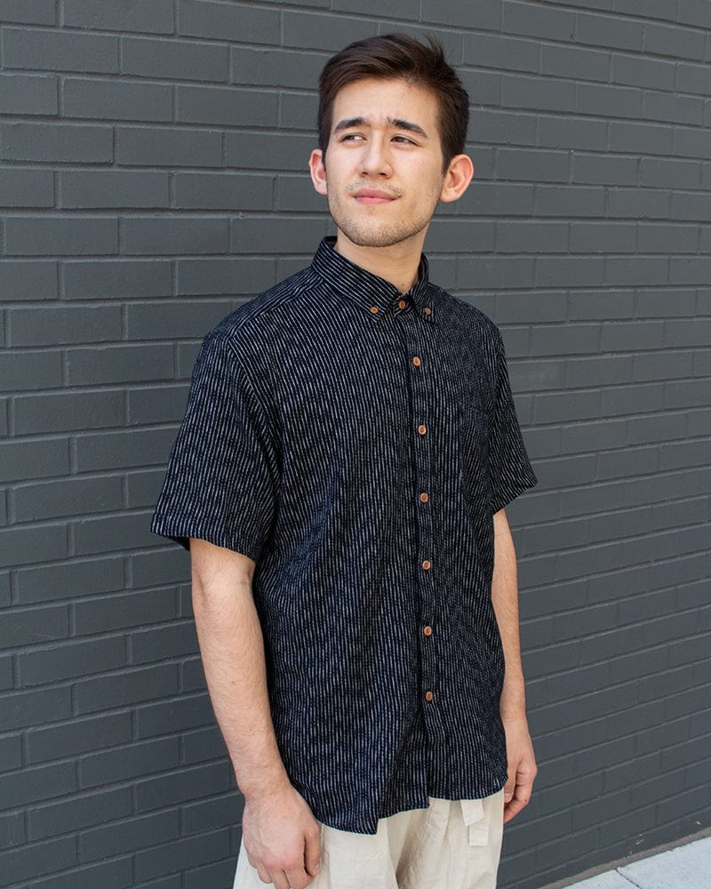 ToK Shirt, Short Sleeve Button-Up, Chijimi, Black Faded Shima