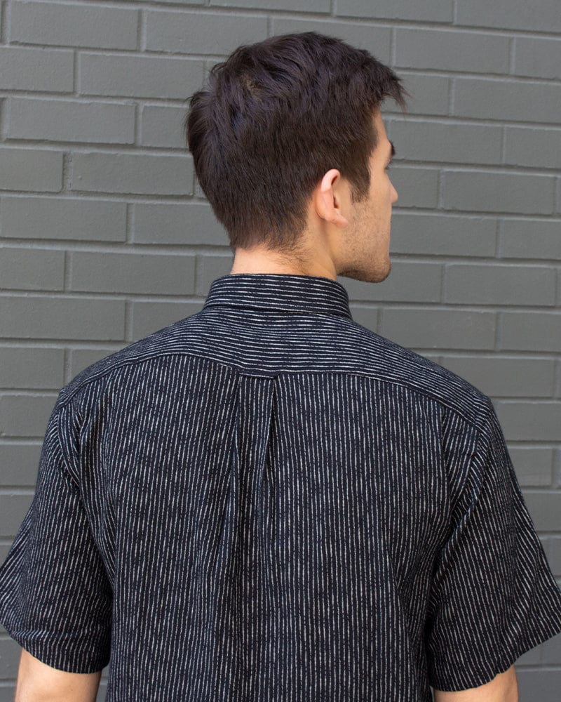 ToK Shirt, Short Sleeve Button-Up, Chijimi, Black Faded Shima