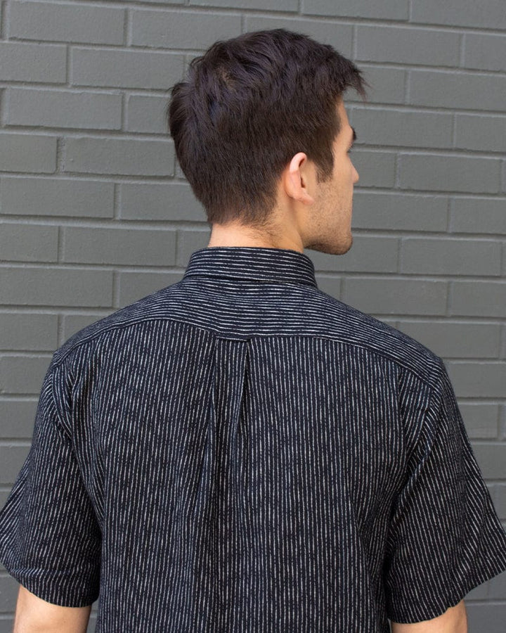 ToK Shirt, Short Sleeve Button-Up, Chijimi, Black Faded Shima