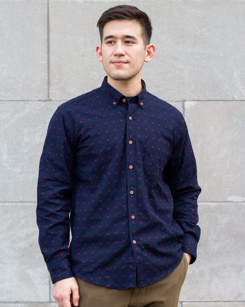ToK Shirt, Long Sleeve Button-Up, Indigo with Red &