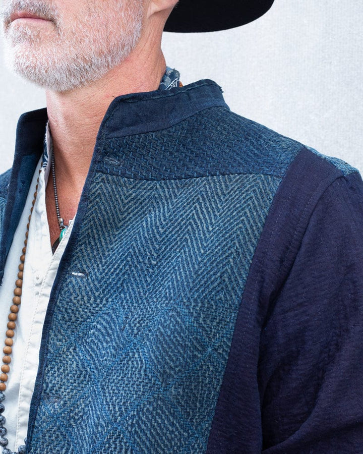 Vintage Noragi Jacket, Altered, Boro, Mandarin Collared Button Up, Kogin Sashiko, Shades of Faded Indigo
