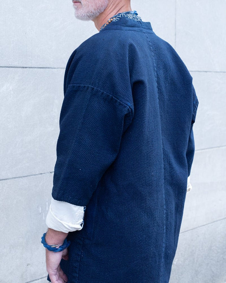 Vintage Noragi Jacket, Altered, Boro, Buttoned Torso, Fully Sashiko Stitched, Dark Indigo