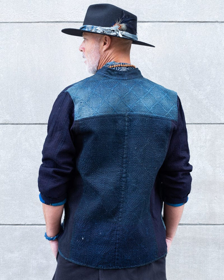 Vintage Noragi Jacket, Altered, Boro, Mandarin Collared Button Up, Kogin Sashiko, Shades of Faded Indigo