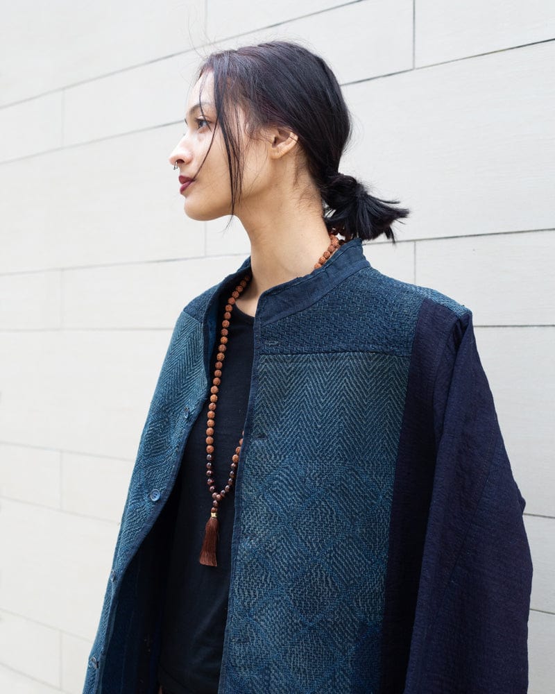 Vintage Noragi Jacket, Altered, Boro, Mandarin Collared Button Up, Kogin Sashiko, Shades of Faded Indigo