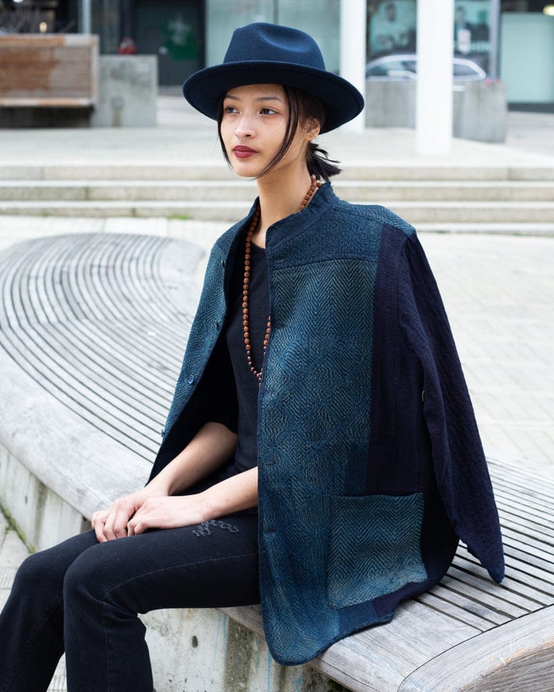 Vintage Noragi Jacket, Altered, Boro, Mandarin Collared Button Up, Kogin Sashiko, Shades of Faded Indigo